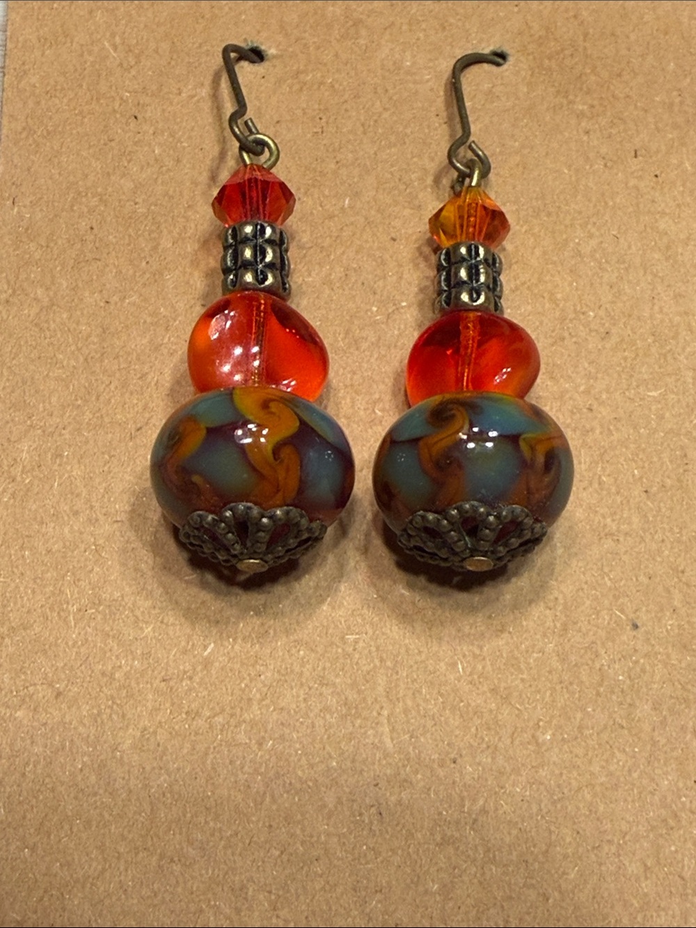 Handmade Orange Swirl Glass Bead Drop Earrings - Picture 2 of 3